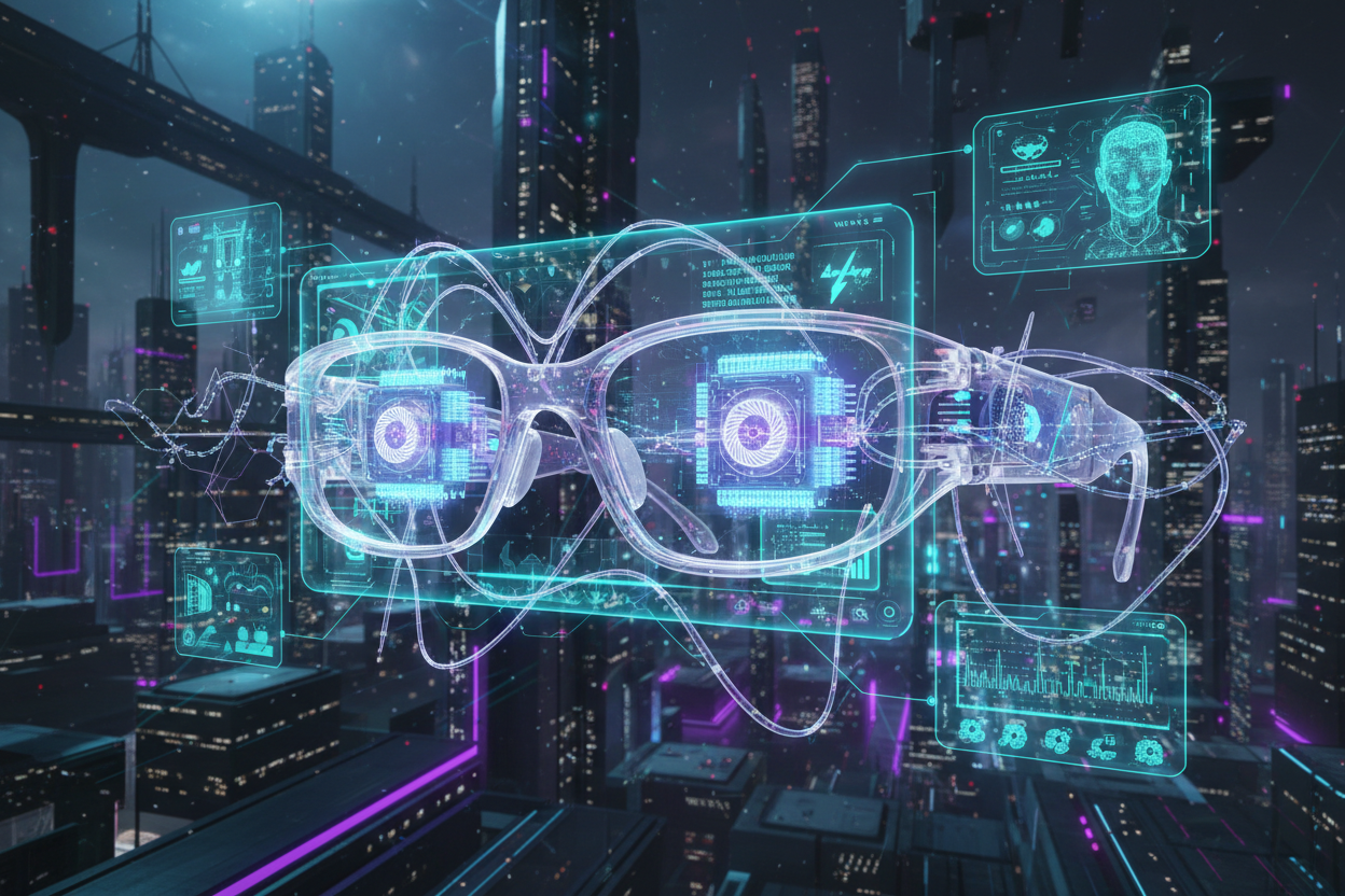 "Futuristic AI-powered smart glasses floating in zero gravity with holographic AR interface, real-time translation, facial recognition, and neural network connections in year 2200 setting"