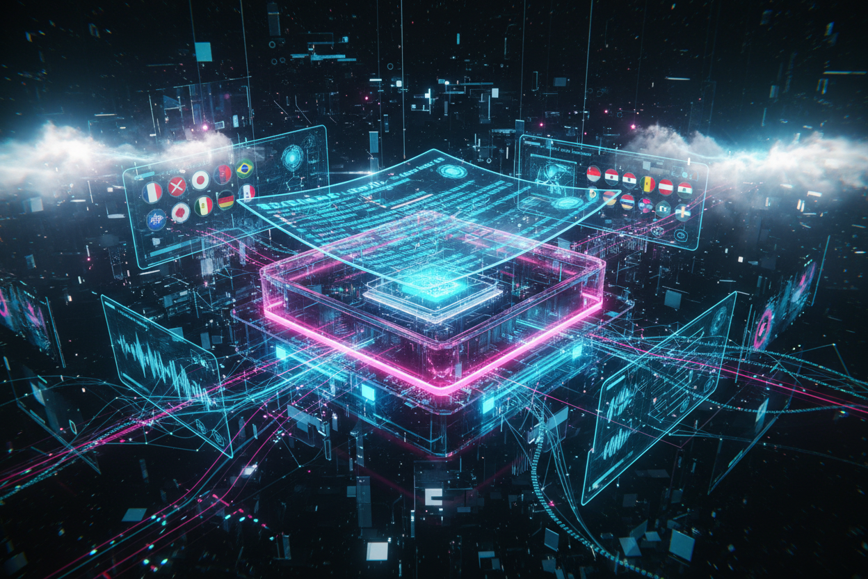 "AI-powered translation device with holographic display showing real-time multi-language translation, quantum processors, and neural network language processing in futuristic 2200 setting"