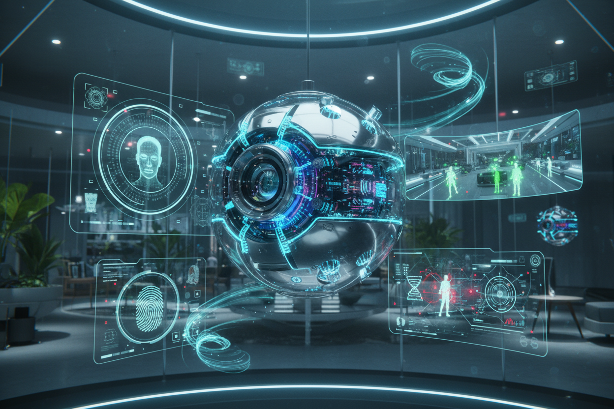 "AI-powered security camera with 360-degree surveillance, facial recognition, motion detection, and holographic threat analysis in futuristic smart home environment year 2200"