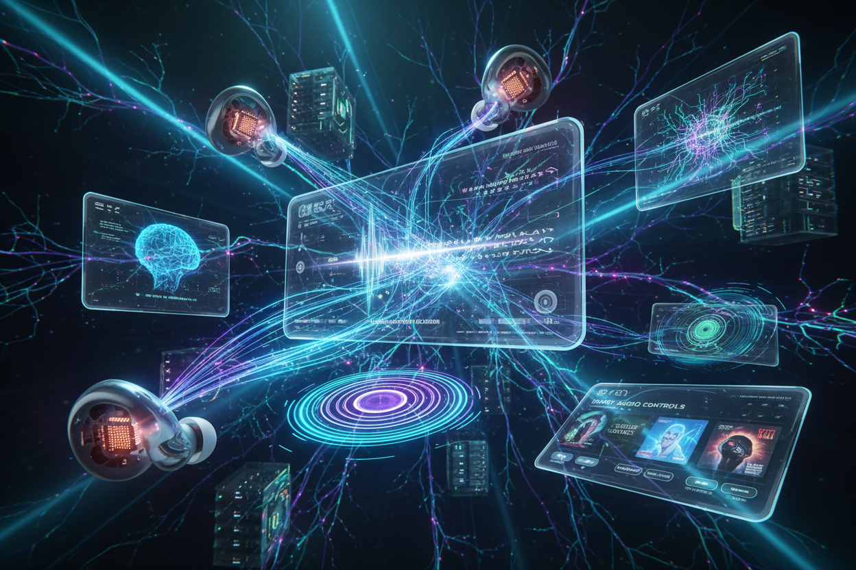  "AI-powered wireless earbuds in zero gravity with holographic voice translation, smart audio controls, noise cancellation, and neural synchronization in year 2200 futuristic environment"