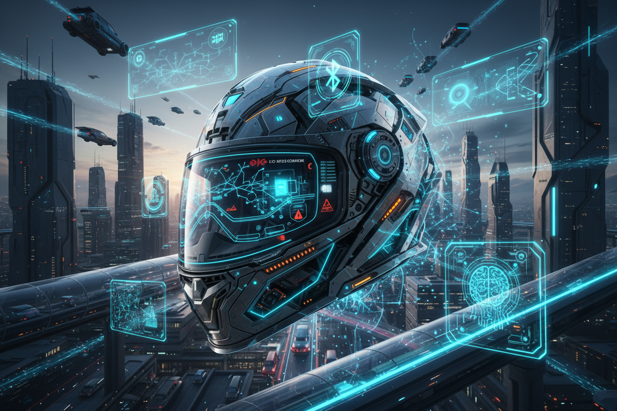 "AI-powered smart motorcycle helmet with AR navigation, voice assistant, collision detection, and holographic traffic analysis in futuristic city year 2200"