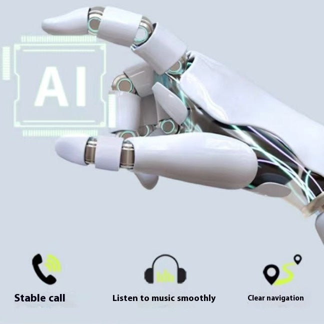 White earbud with 'AI' text and icons for stable call, music, and navigation on a light gray background