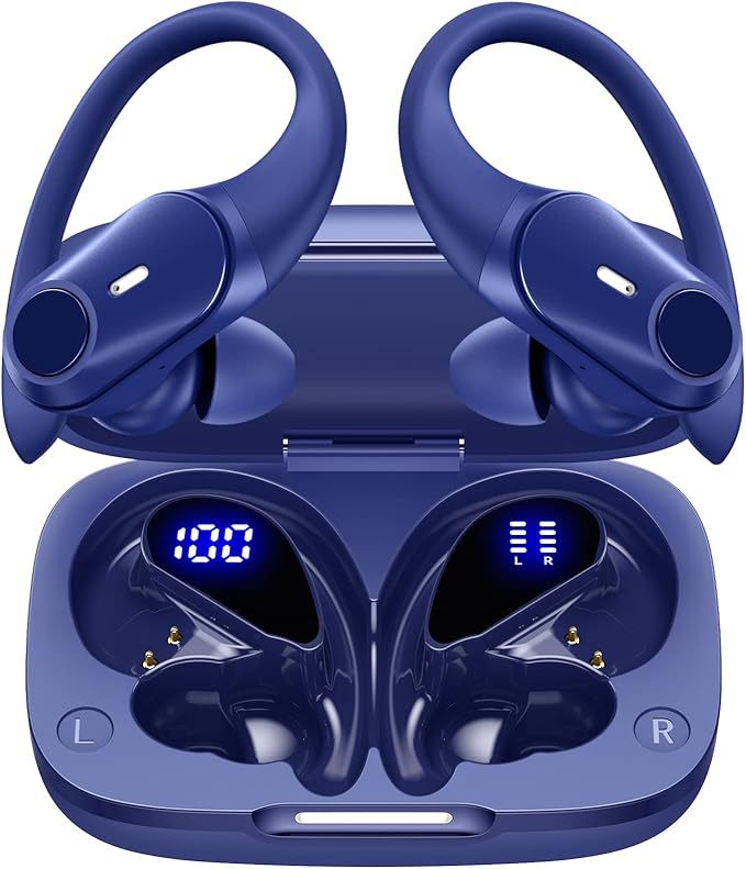 Blue wireless earbuds with charging case on a white background