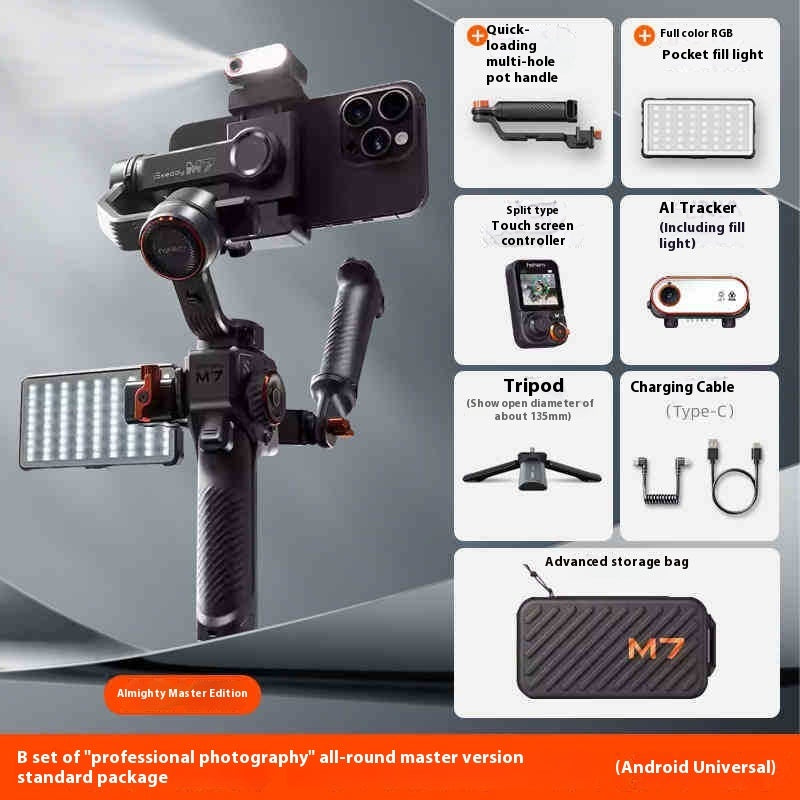 Camera equipment set with smartphone holder, LED light, and accessories on a gray background