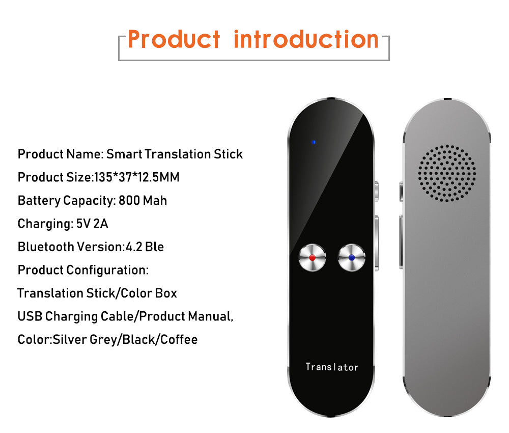 Smart translation stick with specifications on a white background