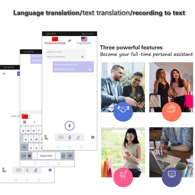 Multilingual text translation app with user interface and features on a white background