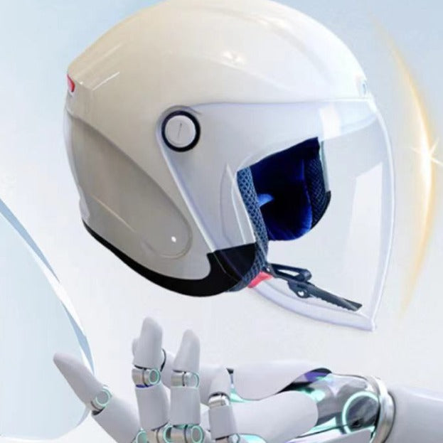 White helmet with clear visor on a light blue background