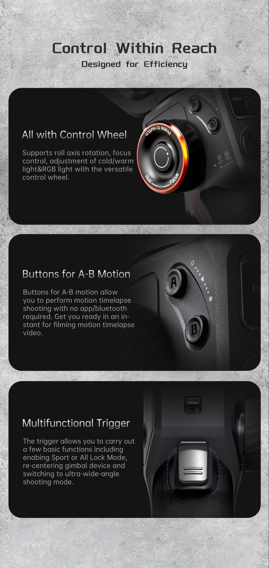 Control wheel and buttons for efficiency on a gray background