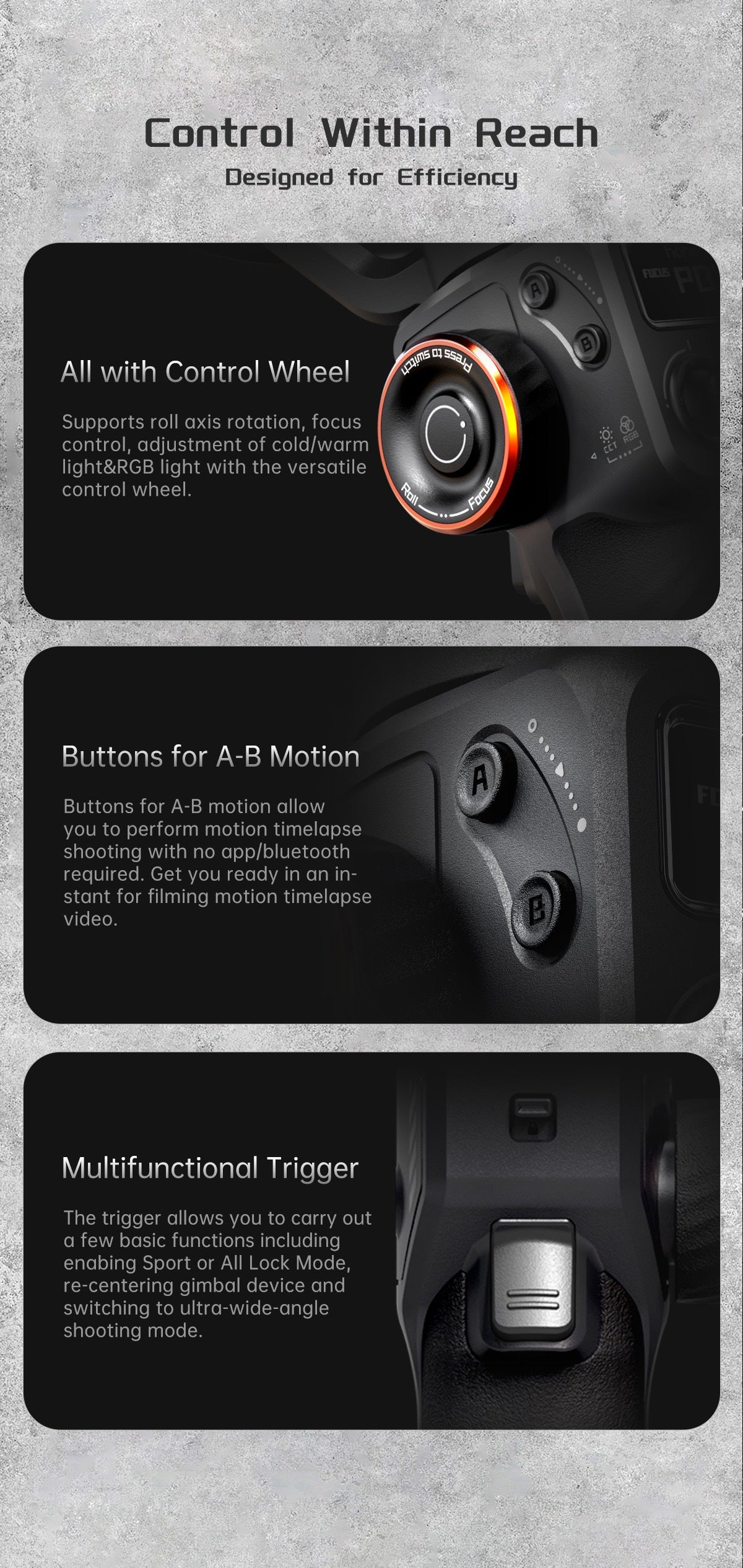 Control wheel and buttons for efficiency on a gray background
