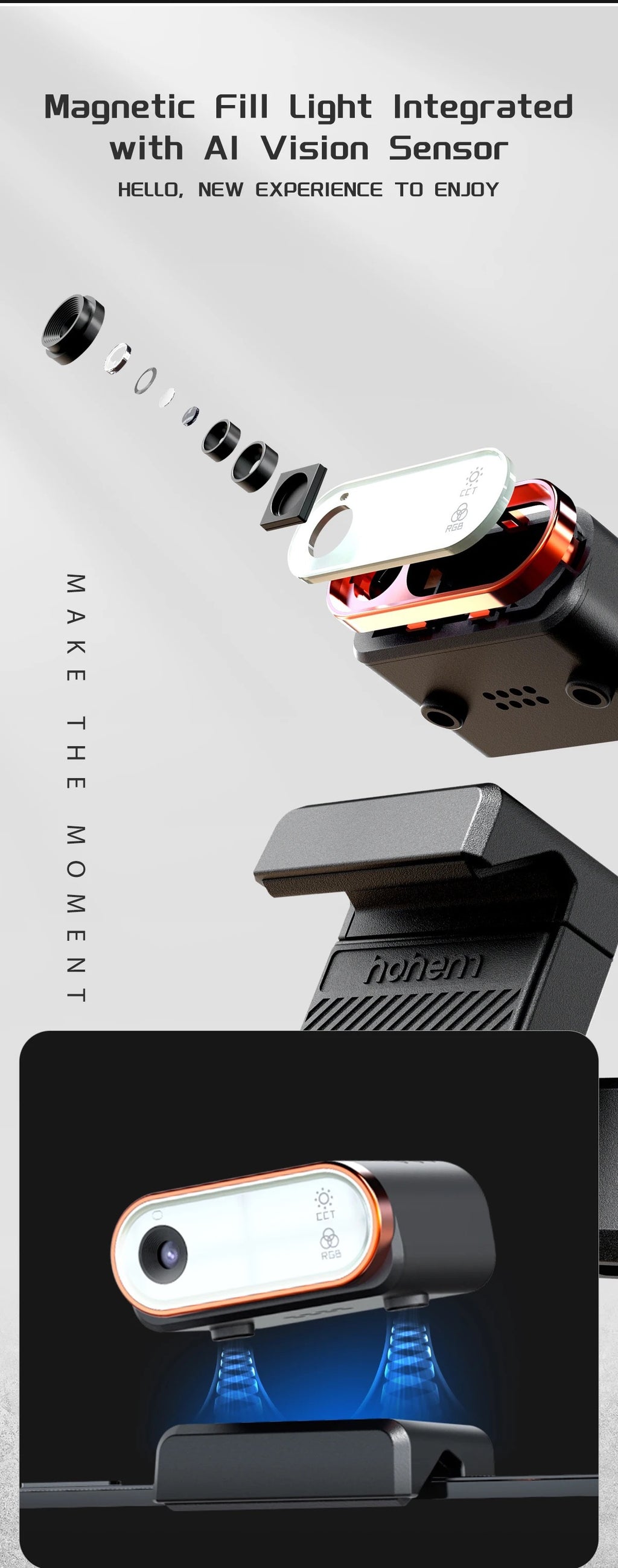 Camera flash device with magnetic fill light and AI vision sensor on a black background
