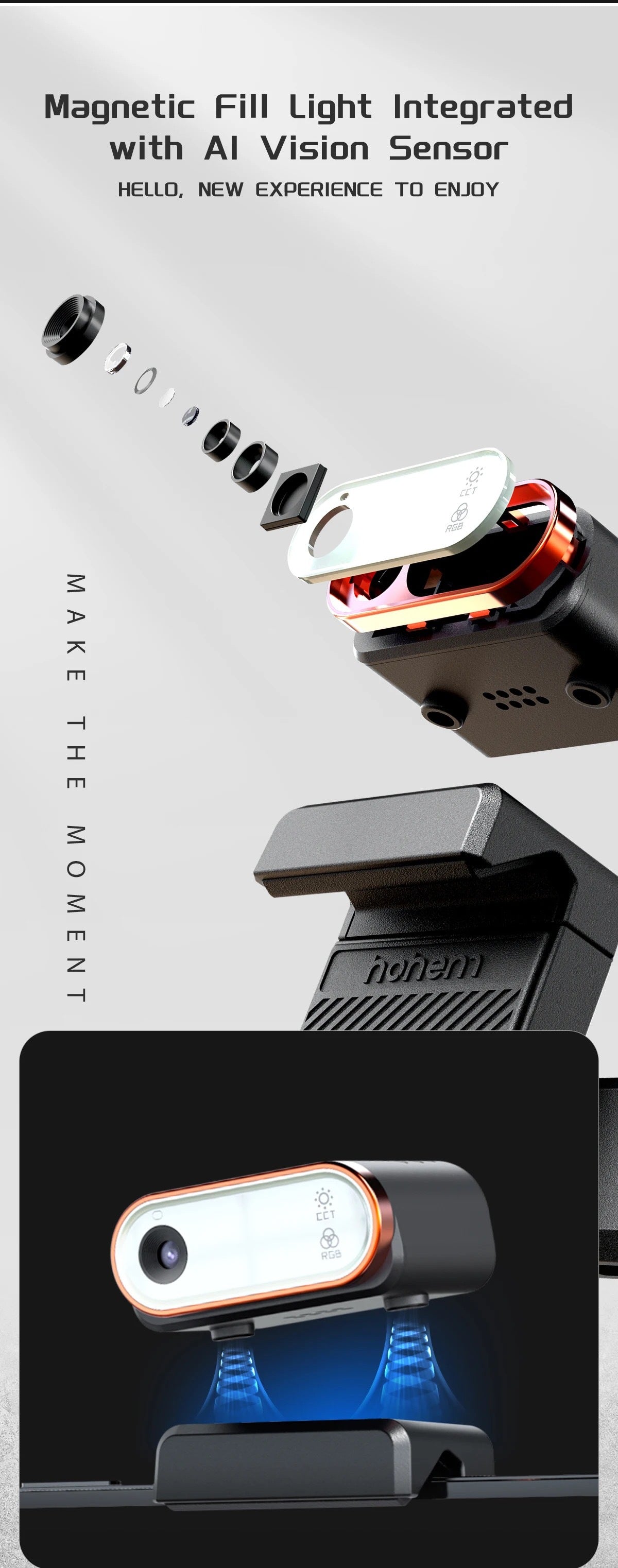 Camera flash device with magnetic fill light and AI vision sensor on a black background