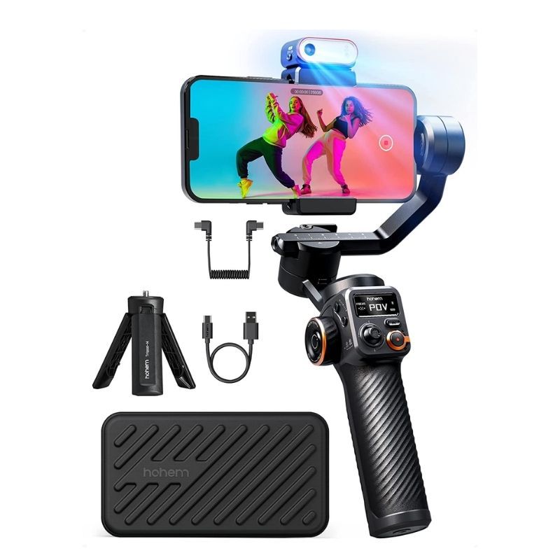 Handheld camera stabilizer with smartphone holder and accessories on a white background