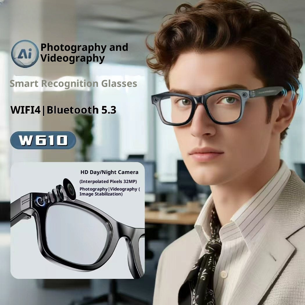 Smart recognition glasses with features highlighted on a blurred office background