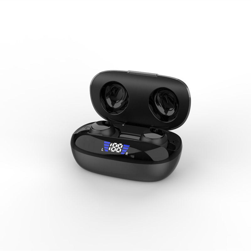 Black wireless earbuds in charging case with digital display on a white background