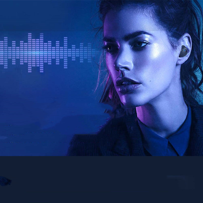 Woman wearing a smart earbud with a digital equalizer display in the background