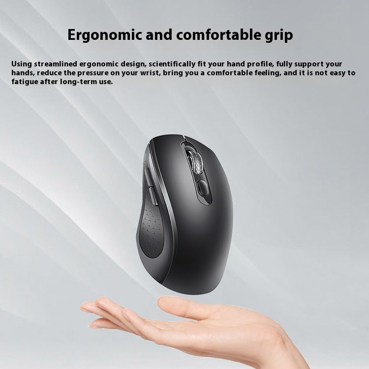 Ergonomic mouse with text on a gray background