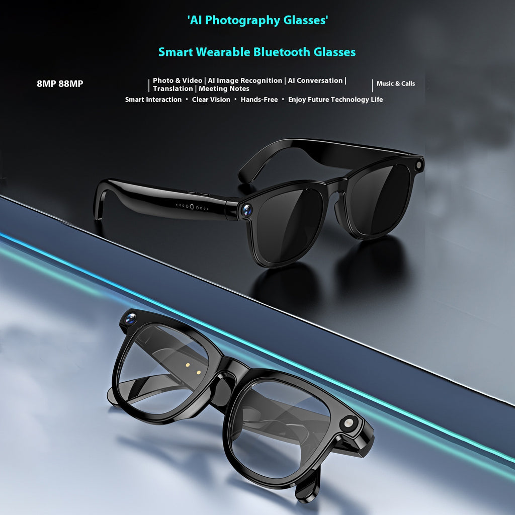 Smart wearable Bluetooth glasses with reflective surface and text on a dark background