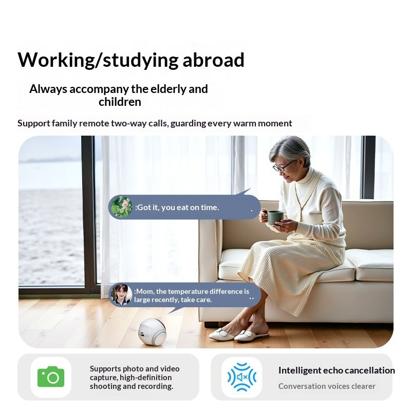 Woman sitting on a couch with a device, surrounded by text about remote family communication.