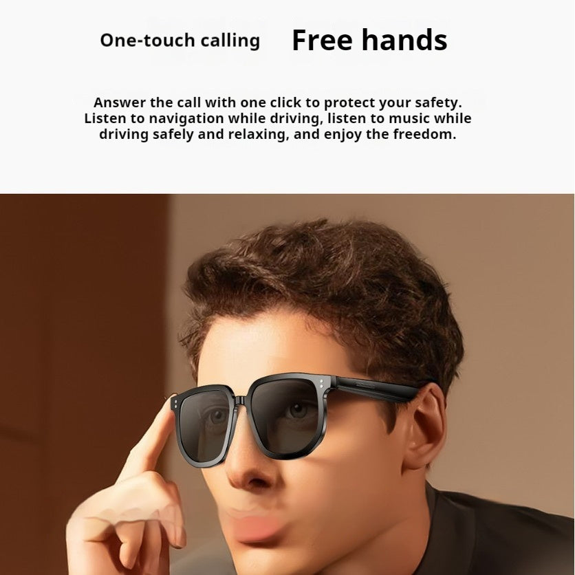Person wearing sunglasses with text about one-touch calling and free hands feature.