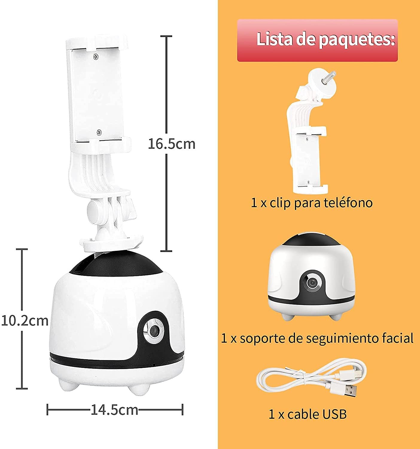 White and black electronic device with dimensions and package contents listed on an orange background.