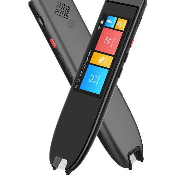 Black electronic device with a digital display on a white background