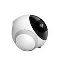White and black spherical device with a logo on a white background