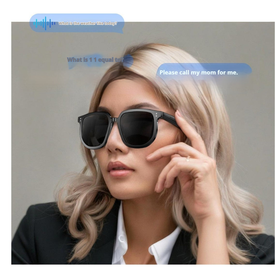 Woman wearing sunglasses with a text bubble asking to call her mom.