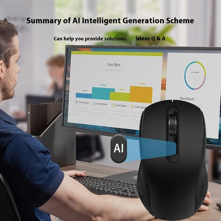 Person using a computer with an AI mouse, text about AI intelligent generation scheme.