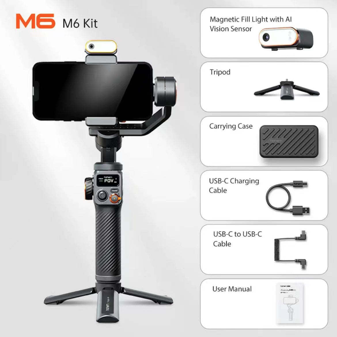 M6 Kit with smartphone gimbal, magnetic fill light, tripod, carrying case, charging cable, USB-C to USB-C cable, and user manual on a gray background.