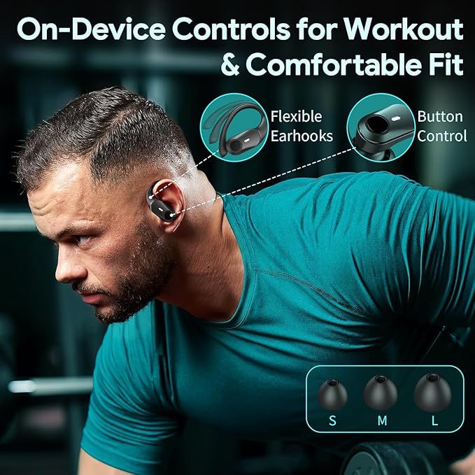 Man wearing wireless earbuds with on-device controls for workout and comfortable fit, featuring flexible earhooks and button control.