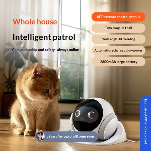 Cat next to a pet monitoring device with features listed on a screen