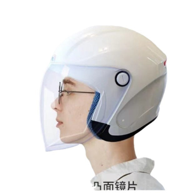 Person wearing a white helmet with a clear visor on a white background