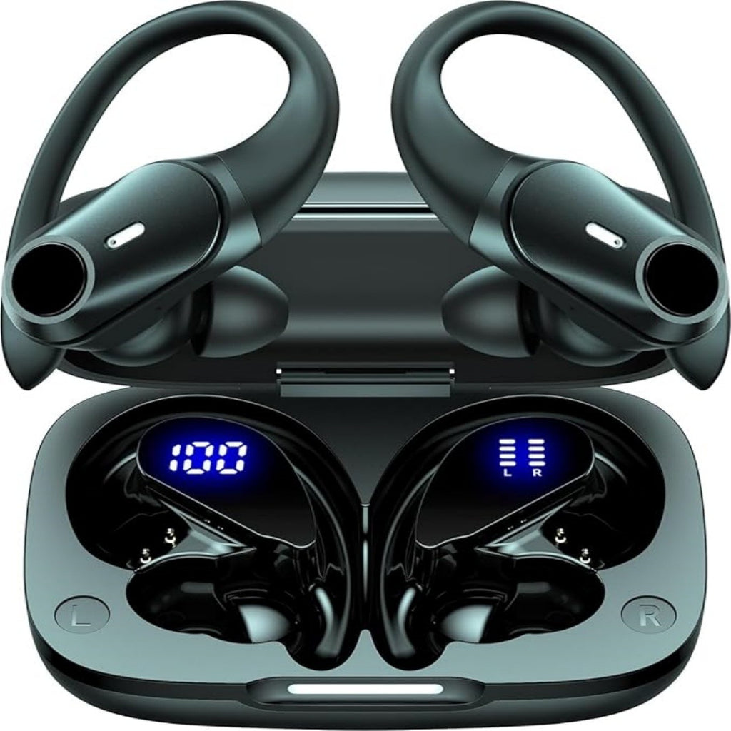 Black wireless earbuds with charging case on a white background