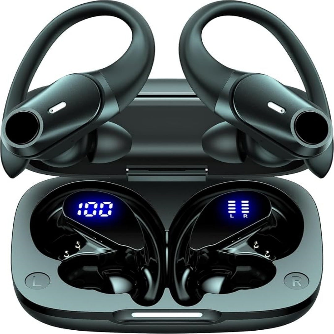 Black wireless earbuds with charging case on a white background