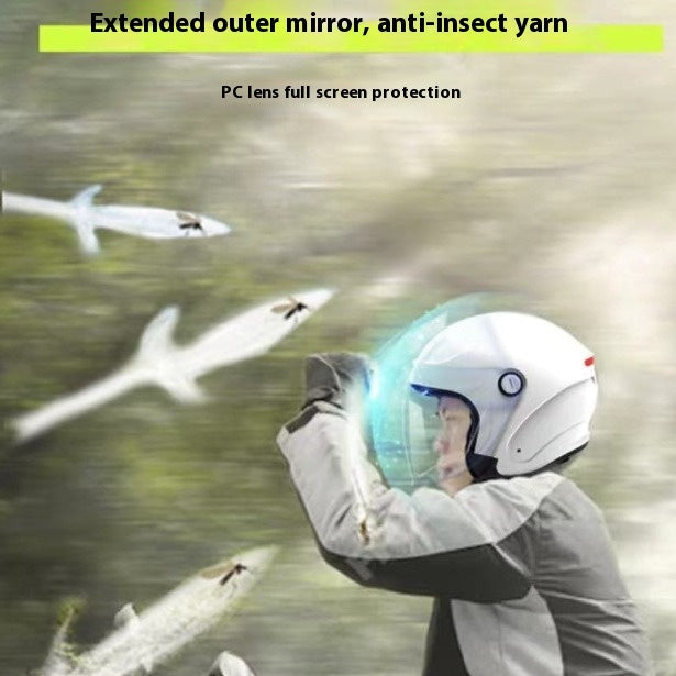 Person wearing a helmet with anti-insect yarn and extended outer mirror feature, surrounded by insects.