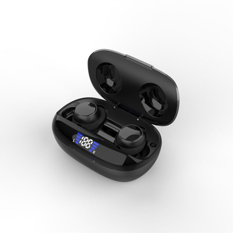Black wireless earbuds in charging case on a white background