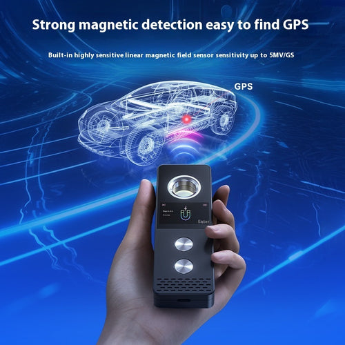 Hand holding a GPS device with a blue background and car illustration, emphasizing magnetic detection capabilities.