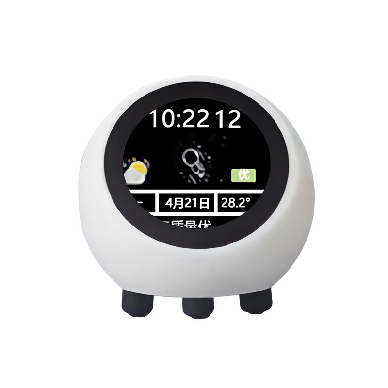 Round digital device with a screen displaying time and date on a white background