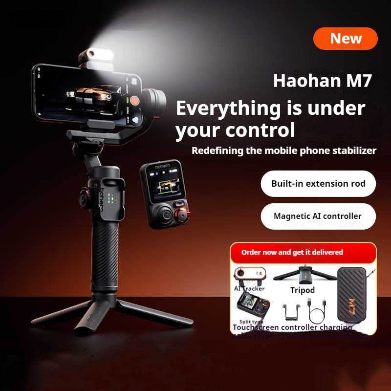 Haohan M7 smartphone stabilizer with features highlighted on a dark background