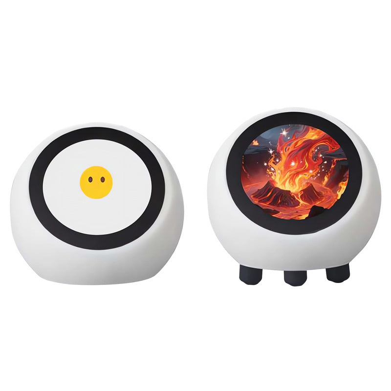 Two round white devices with black borders, one displaying a smiling emoji and the other a fiery design, on a white background.
