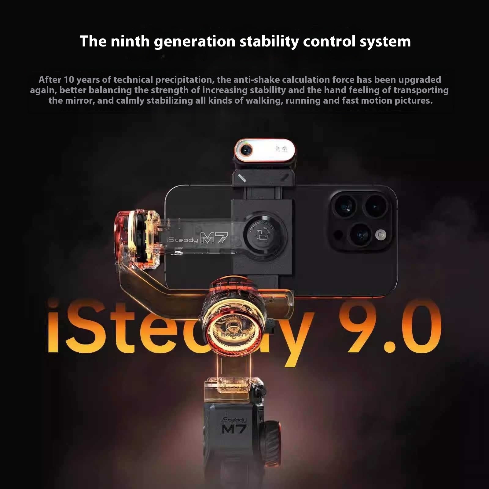 Phone stabilizer with 'iSteady 9.0' text on a dark background