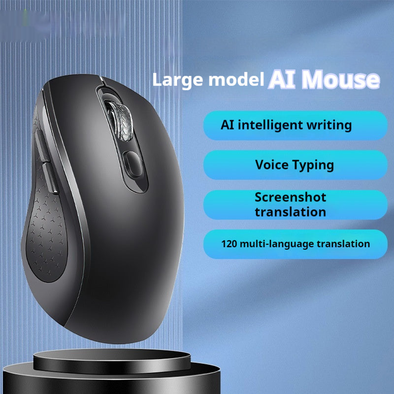 Black AI mouse with features listed on a blue background