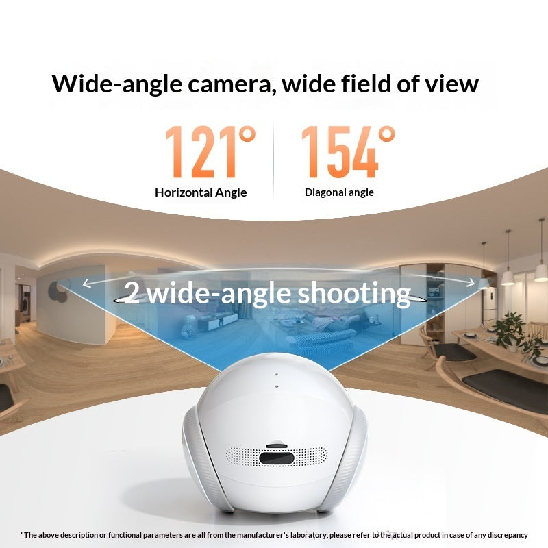 Wide-angle camera with text indicating horizontal and diagonal angles, set against a modern indoor setting.