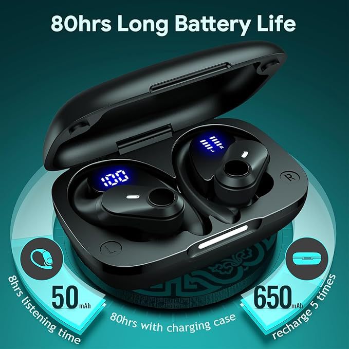 Black wireless earbuds with charging case on a teal background, displaying battery life information.
