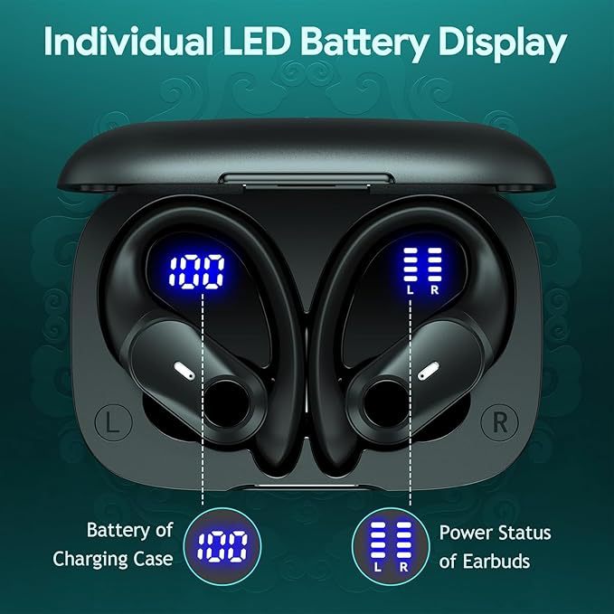 Black wireless earbuds with charging case displaying battery levels on a teal background