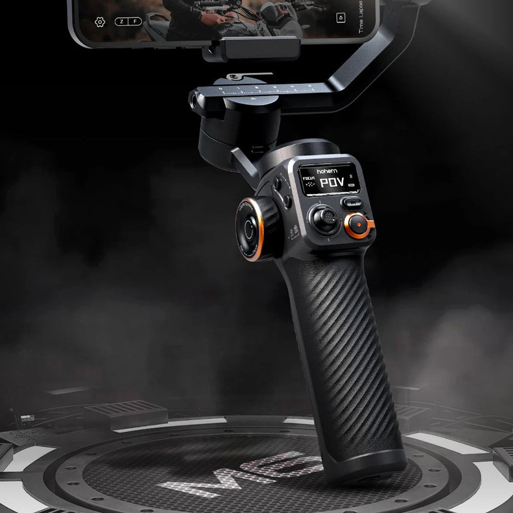 Handheld camera stabilizer with phone mount on a dark background