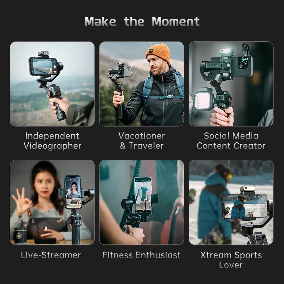 Collage of people using a camera stabilizer with different scenarios labeled.