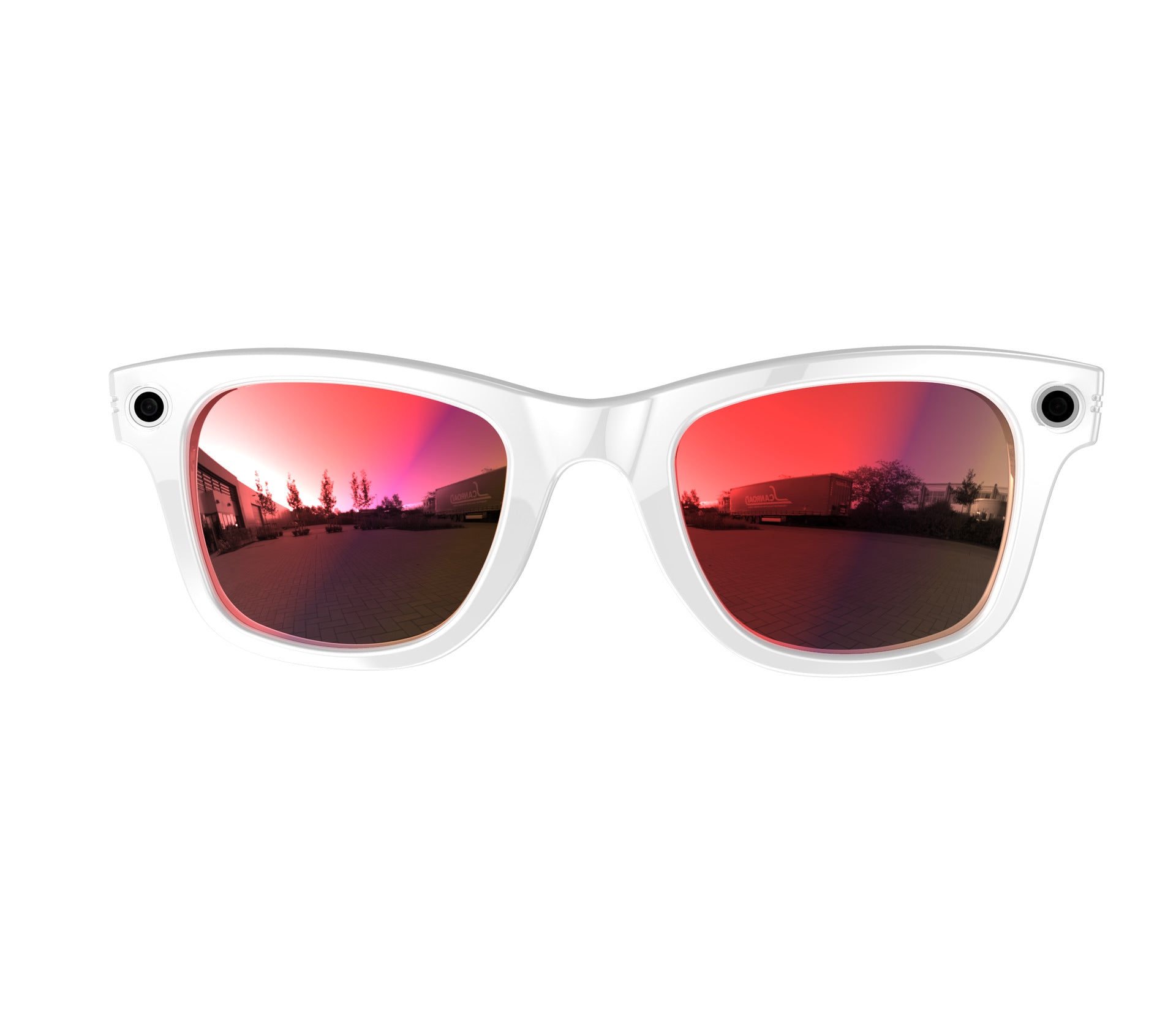 White-framed sunglasses with red-tinted lenses on a white background