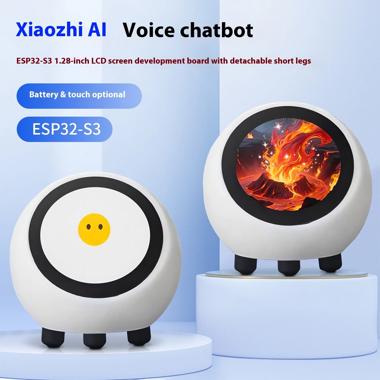 Two Xiaozhi AI voice chatbot devices on a light blue background