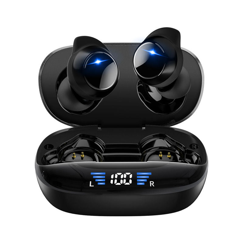 Black wireless earbuds with charging case on a white background